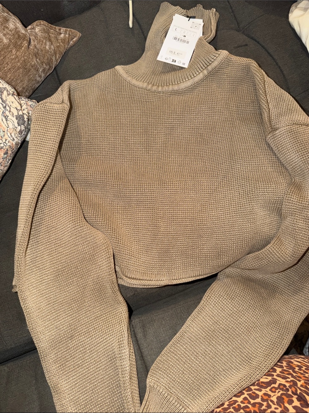 Zara Taupe Waffle Knit Turtleneck Sweater